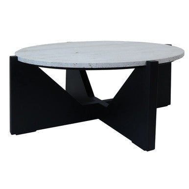 Cream Travertine Top Coffee Table With Black Acacia Wood Geometric Frame, Walton