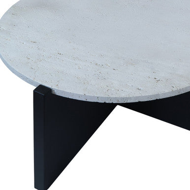 Cream Travertine Top Coffee Table With Black Acacia Wood Geometric Frame, Walton