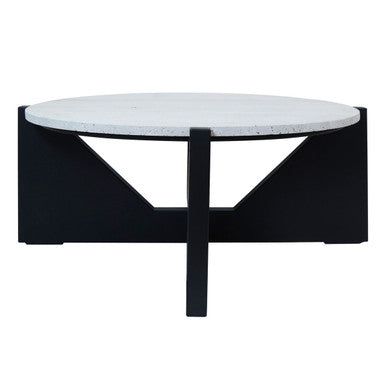 Cream Travertine Top Coffee Table With Black Acacia Wood Geometric Frame, Walton