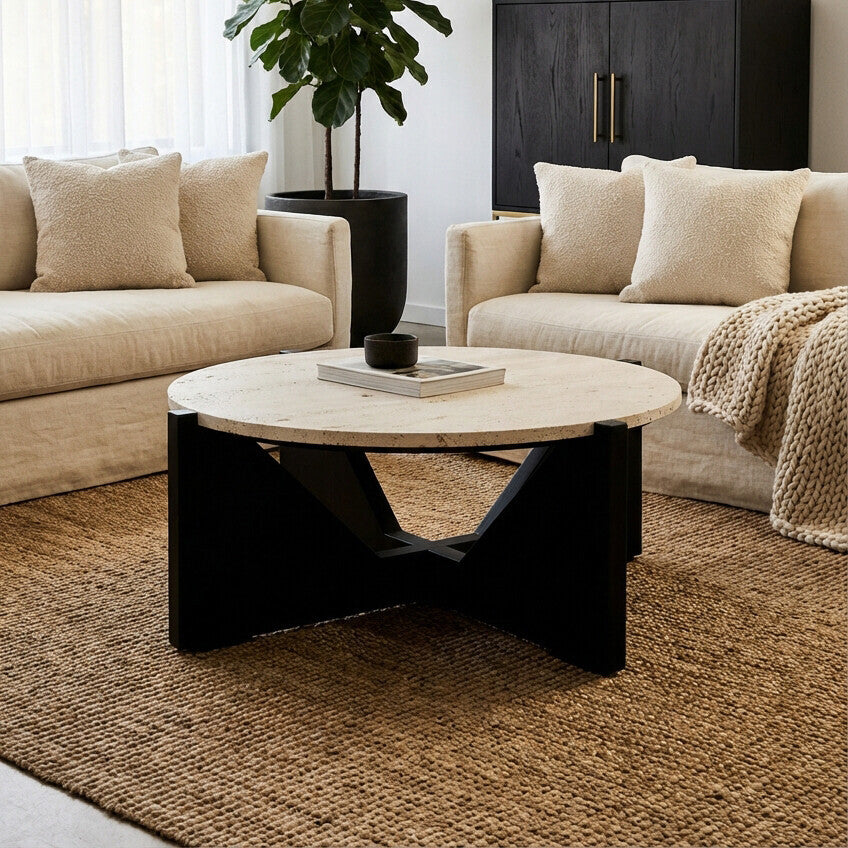 Cream Travertine Top Coffee Table With Black Acacia Wood Geometric Frame, Walton