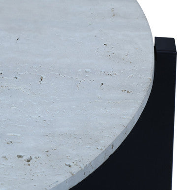 Cream Travertine Top Coffee Table With Black Acacia Wood Geometric Frame, Walton