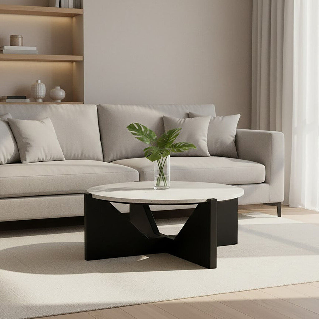 Cream Travertine Top Coffee Table With Black Acacia Wood Geometric Frame, Walton
