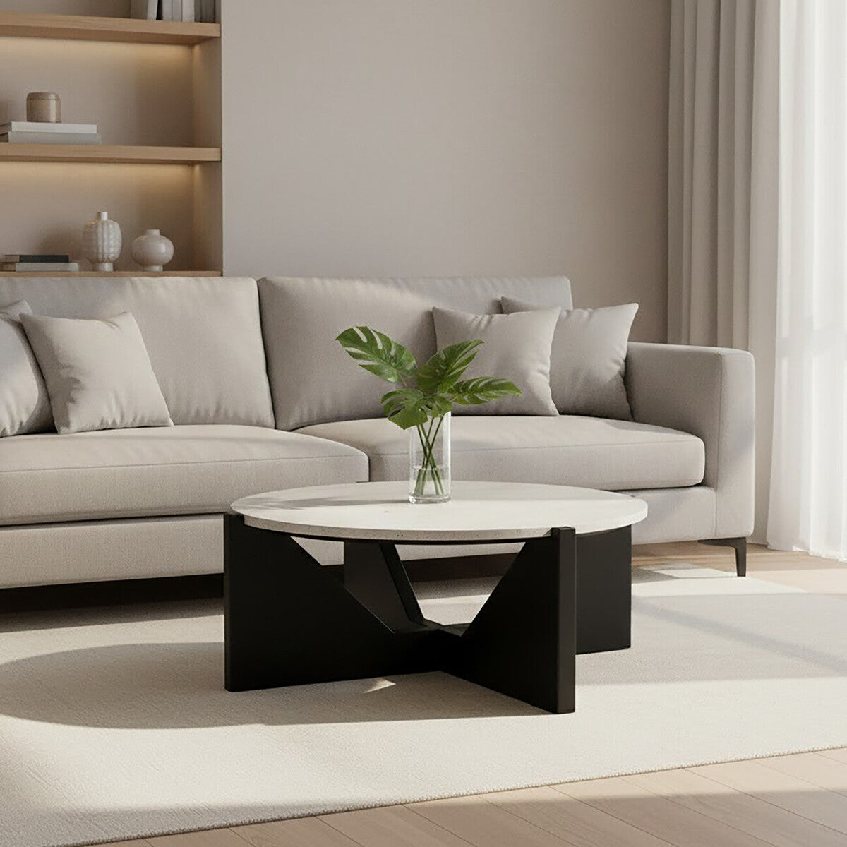 Cream Travertine Top Coffee Table With Black Acacia Wood Geometric Frame, Walton