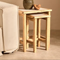Set Of 2 Cream Travertine Top Small Nesting Console Tables With Natural Acacia Wood Frames, Womad