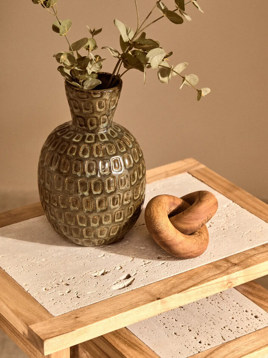 Set Of 2 Cream Travertine Top Small Nesting Console Tables With Natural Acacia Wood Frames, Womad
