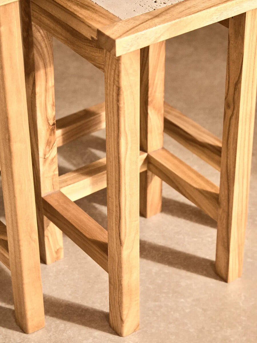 Set Of 2 Cream Travertine Top Small Nesting Console Tables With Natural Acacia Wood Frames, Womad