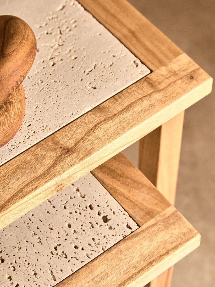 Set Of 2 Cream Travertine Top Small Nesting Console Tables With Natural Acacia Wood Frames, Womad