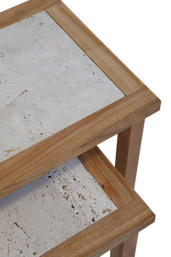 Set Of 2 Cream Travertine Top Small Nesting Console Tables With Natural Acacia Wood Frames, Womad
