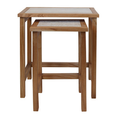 Set Of 2 Cream Travertine Top Large Nesting Console Tables With Natural Acacia Wood Frames, Womad