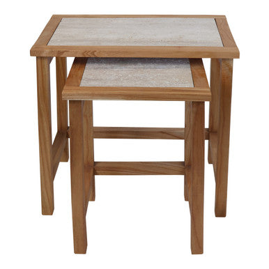 Set Of 2 Cream Travertine Top Large Nesting Console Tables With Natural Acacia Wood Frames, Womad
