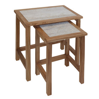 Set Of 2 Cream Travertine Top Large Nesting Console Tables With Natural Acacia Wood Frames, Womad