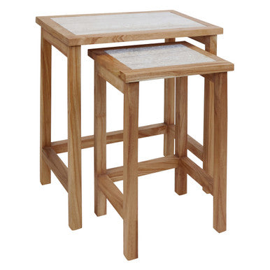 Set Of 2 Cream Travertine Top Large Nesting Console Tables With Natural Acacia Wood Frames, Womad