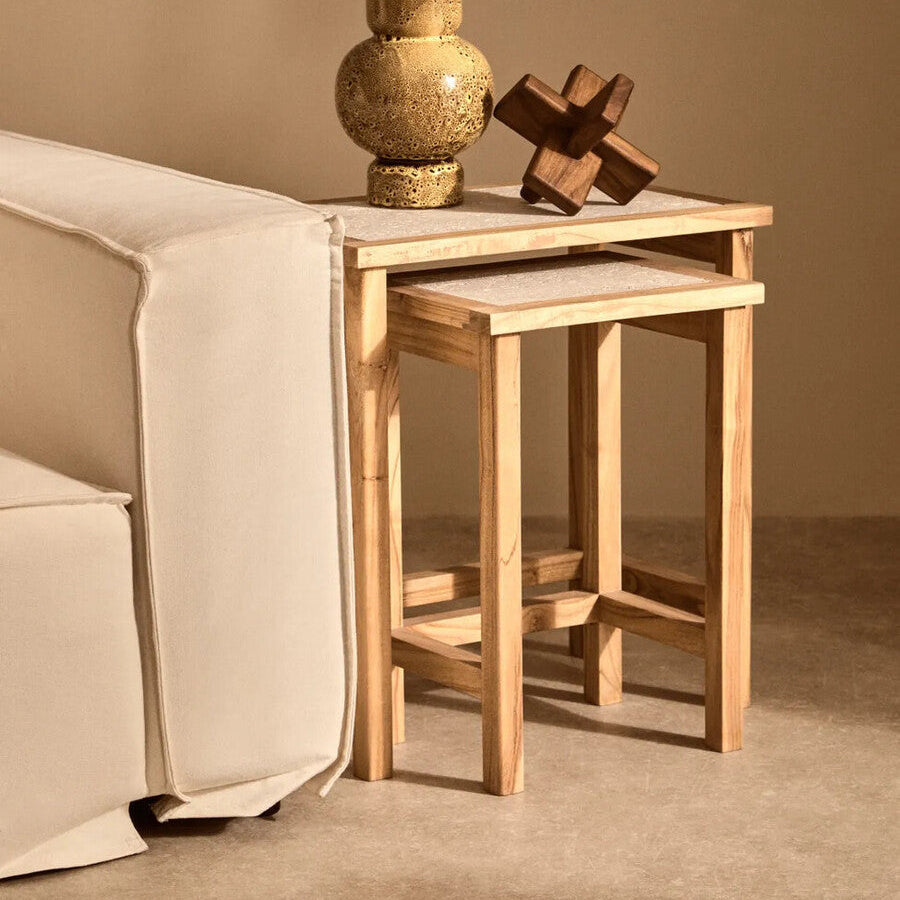 Set Of 2 Cream Travertine Top Large Nesting Console Tables With Natural Acacia Wood Frames, Womad