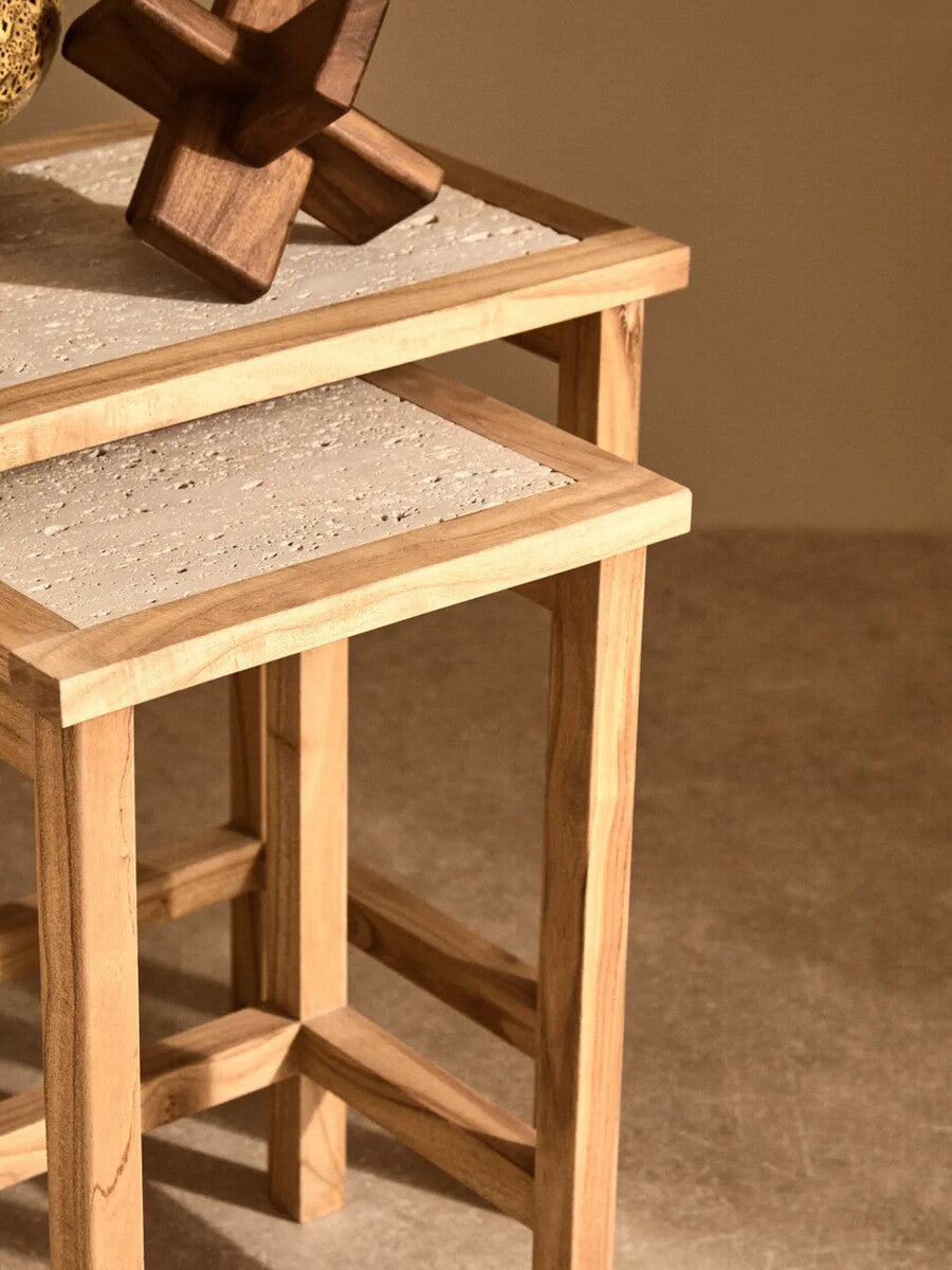 Set Of 2 Cream Travertine Top Large Nesting Console Tables With Natural Acacia Wood Frames, Womad