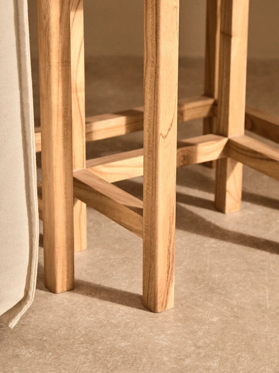 Set Of 2 Cream Travertine Top Large Nesting Console Tables With Natural Acacia Wood Frames, Womad