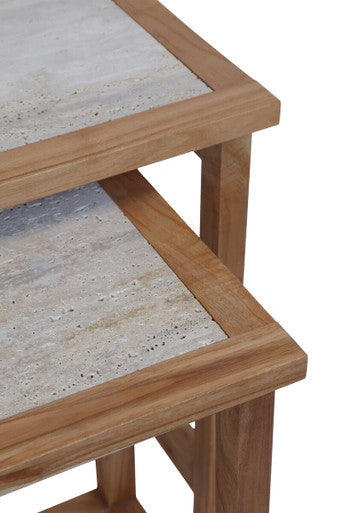 Set Of 2 Cream Travertine Top Large Nesting Console Tables With Natural Acacia Wood Frames, Womad