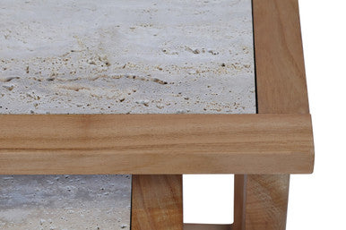 Set Of 2 Cream Travertine Top Large Nesting Console Tables With Natural Acacia Wood Frames, Womad