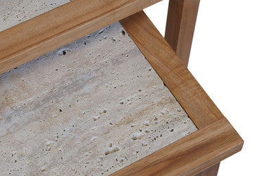 Set Of 2 Cream Travertine Top Large Nesting Console Tables With Natural Acacia Wood Frames, Womad