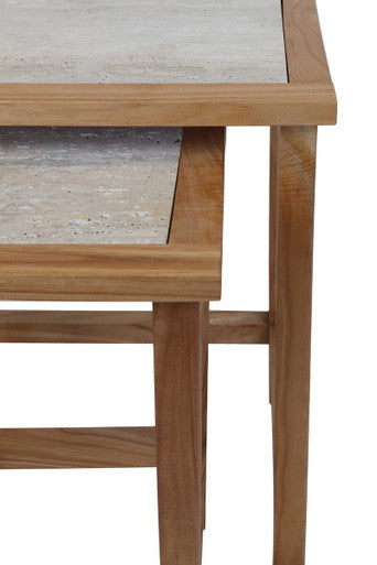 Set Of 2 Cream Travertine Top Large Nesting Console Tables With Natural Acacia Wood Frames, Womad