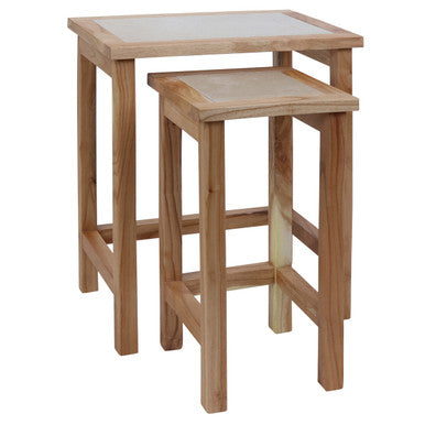 Set Of 2 Small Cream Marble Top Nesting Side Tables With Natural Wood Frames, Womad