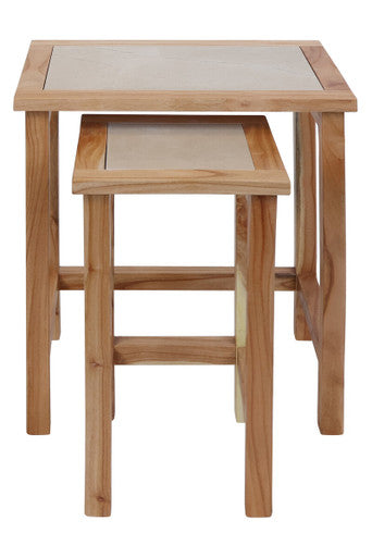 Set Of 2 Small Cream Marble Top Nesting Side Tables With Natural Wood Frames, Womad