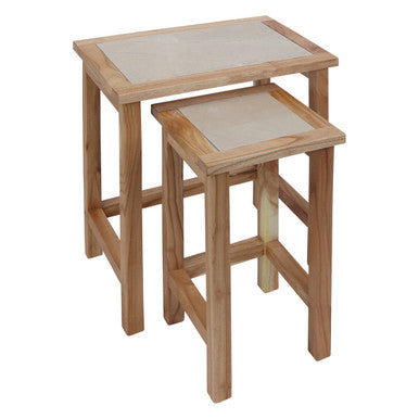 Set Of 2 Small Cream Marble Top Nesting Side Tables With Natural Wood Frames, Womad