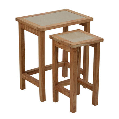 Set Of 2 Small Cream Marble Top Nesting Side Tables With Natural Wood Frames, Womad