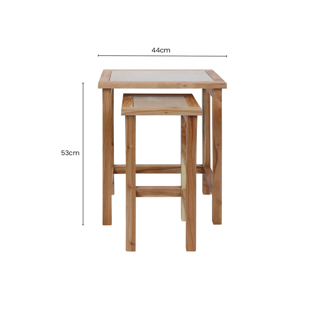 Set Of 2 Small Cream Marble Top Nesting Side Tables With Natural Wood Frames, Womad