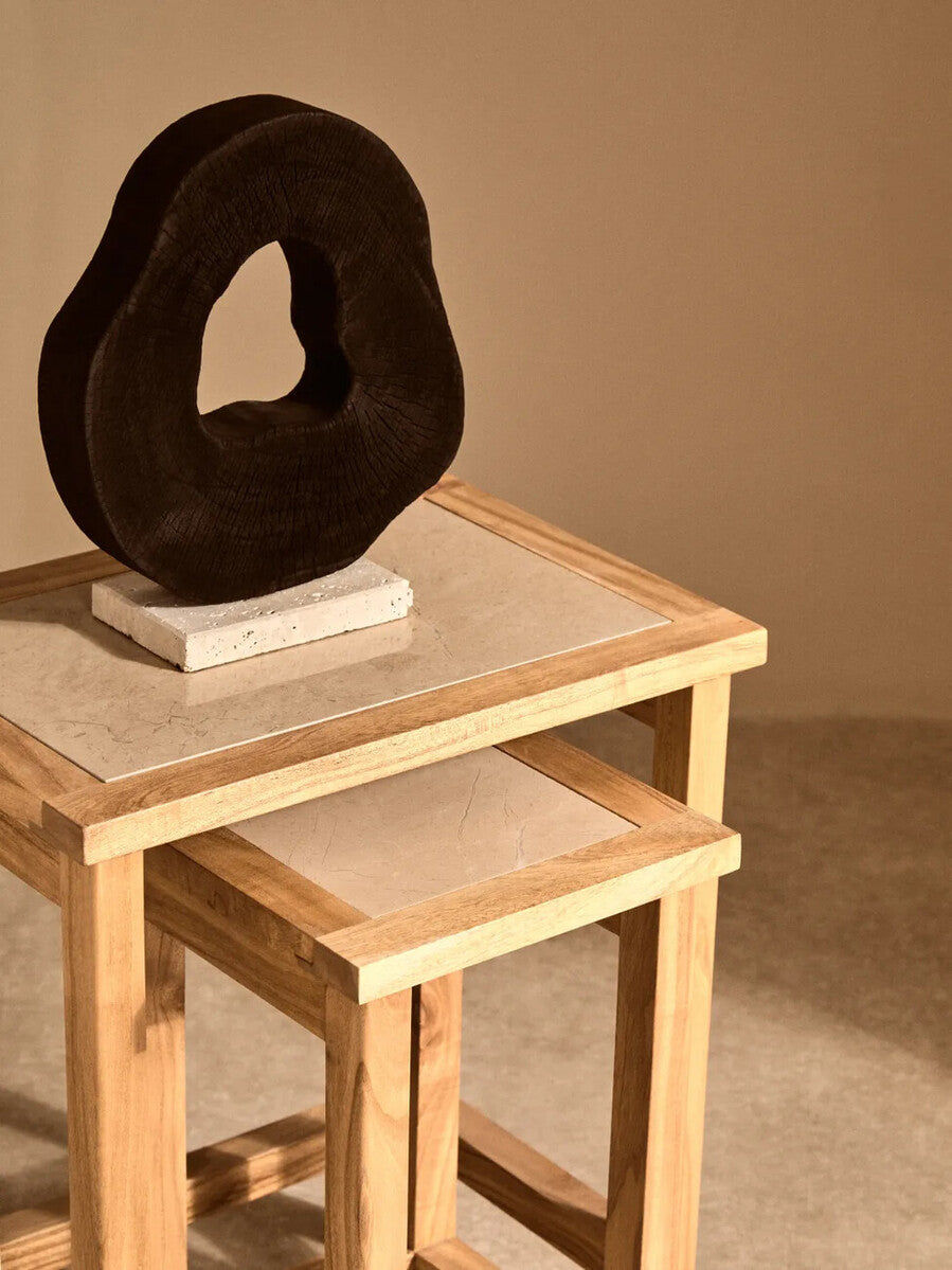 Set Of 2 Small Cream Marble Top Nesting Side Tables With Natural Wood Frames, Womad