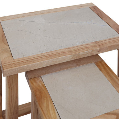 Set Of 2 Small Cream Marble Top Nesting Side Tables With Natural Wood Frames, Womad