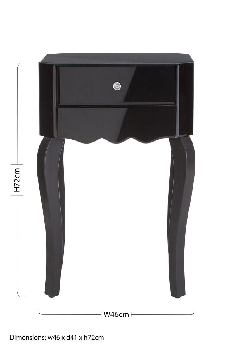 1 Drawer Black Mirrored Glass Top Side Table, Orchid