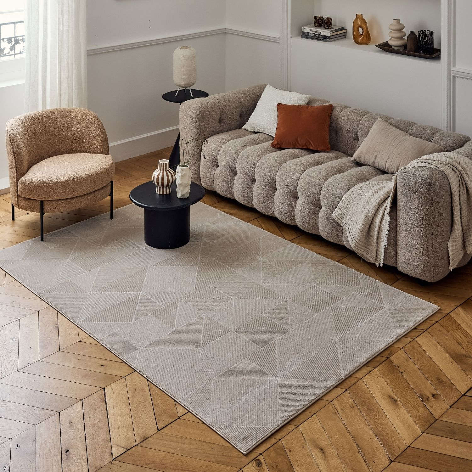 Carmel Beige Rug Abstract Polyester Cream Modern
