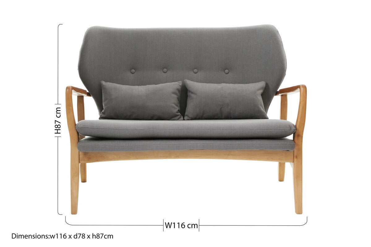 2 Seat Grey Sofa With Birchwood Frame, Stockholm