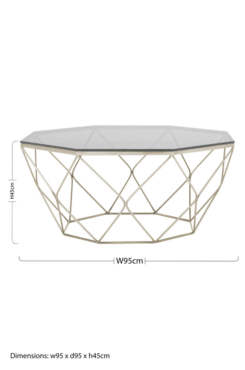 Hexagon Tempered Glass Top Coffee Table With Gold Brushed Nickel Base, Allure