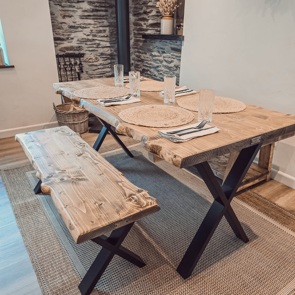 Live / Waney Edge Dining Table With X Cross Metal Legs
