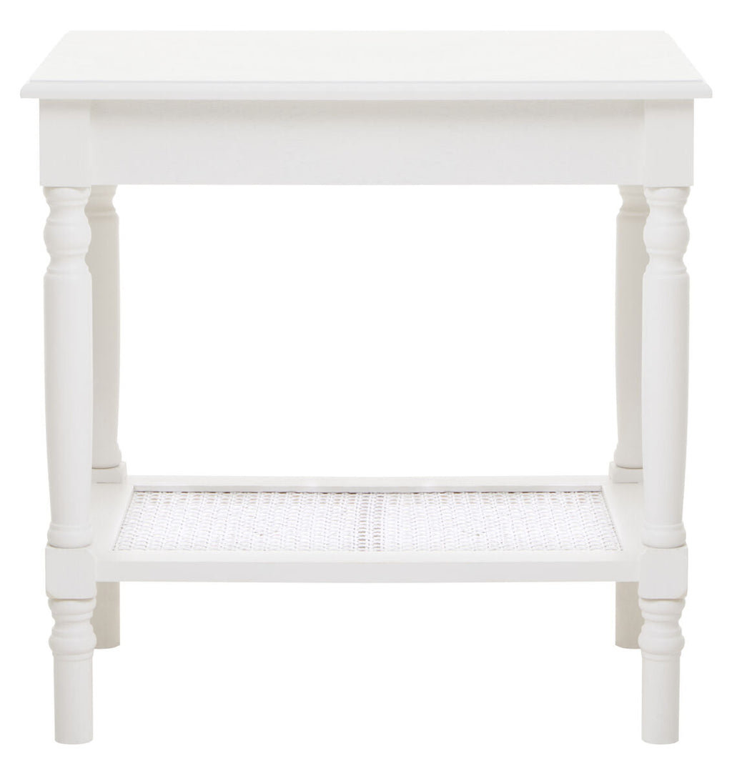 White Wooden 2-Tier Side Table With Cane Rattan Webbing Detail & Carved Legs, Heritage