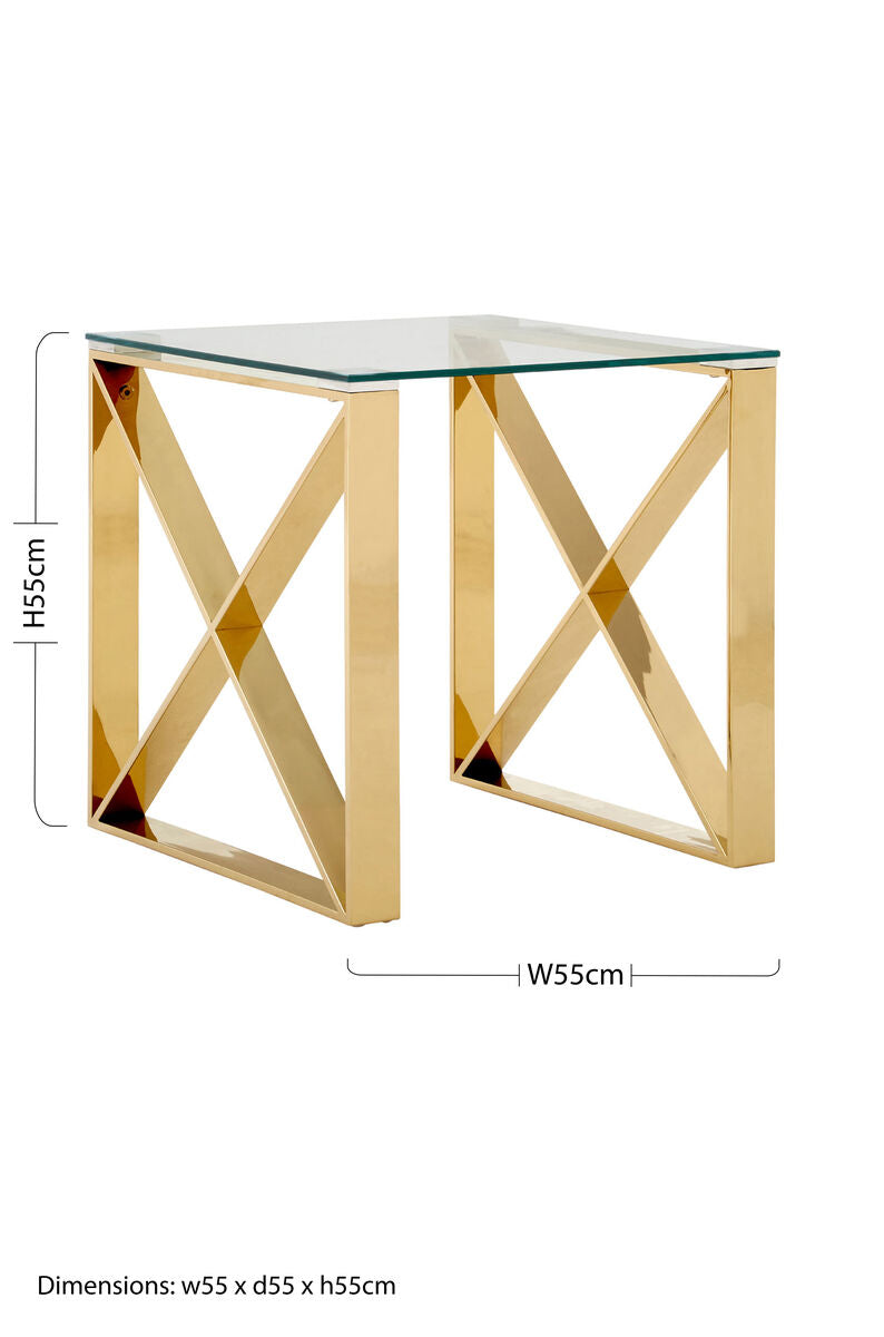 Champagne Gold Stainless Steel Cross Legs End Table With Tempered Glass Top, Allure