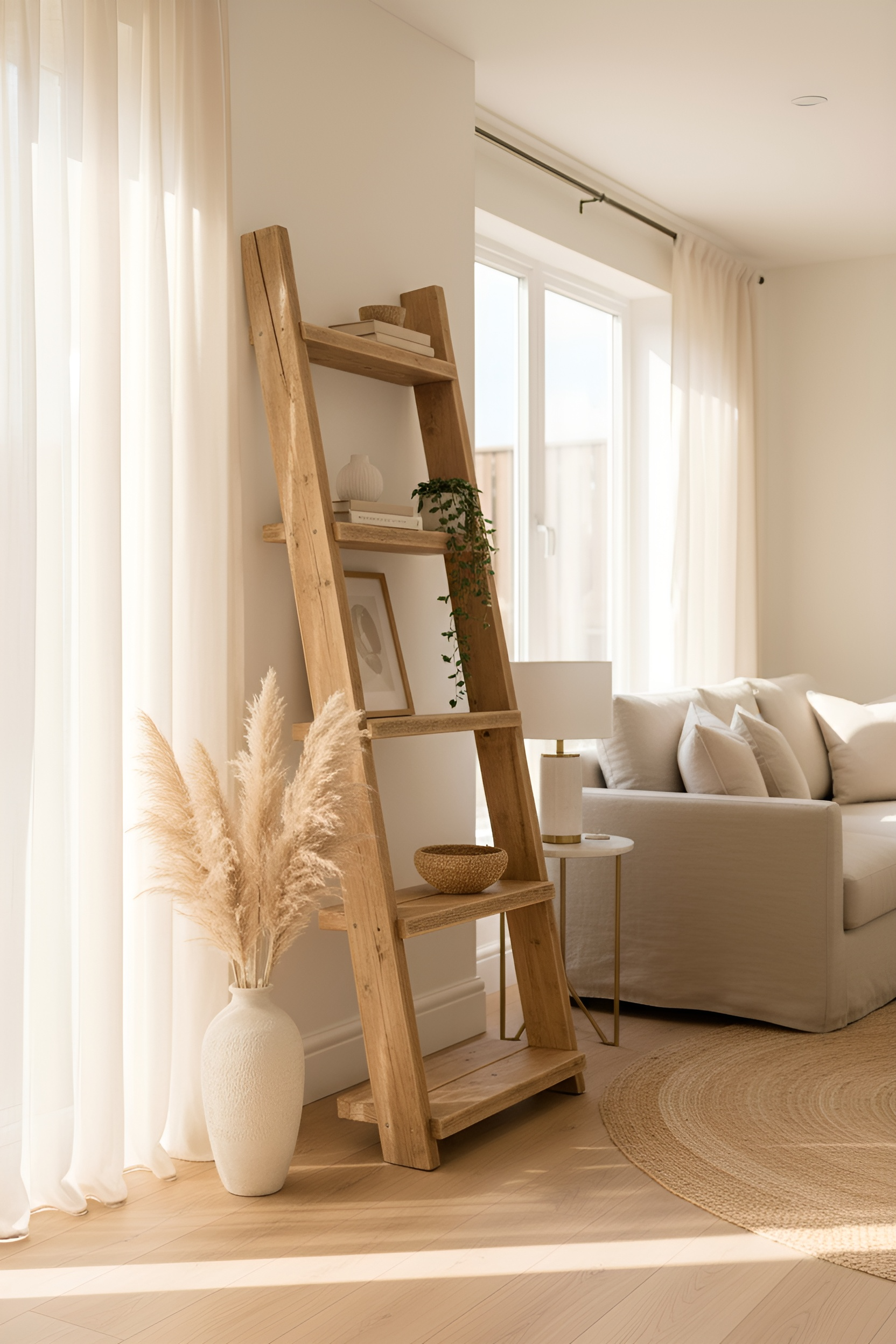 Ladder Solid Wood Bookshelf – Natural Finish Open Bookcase, Rustic Scandinavian Design