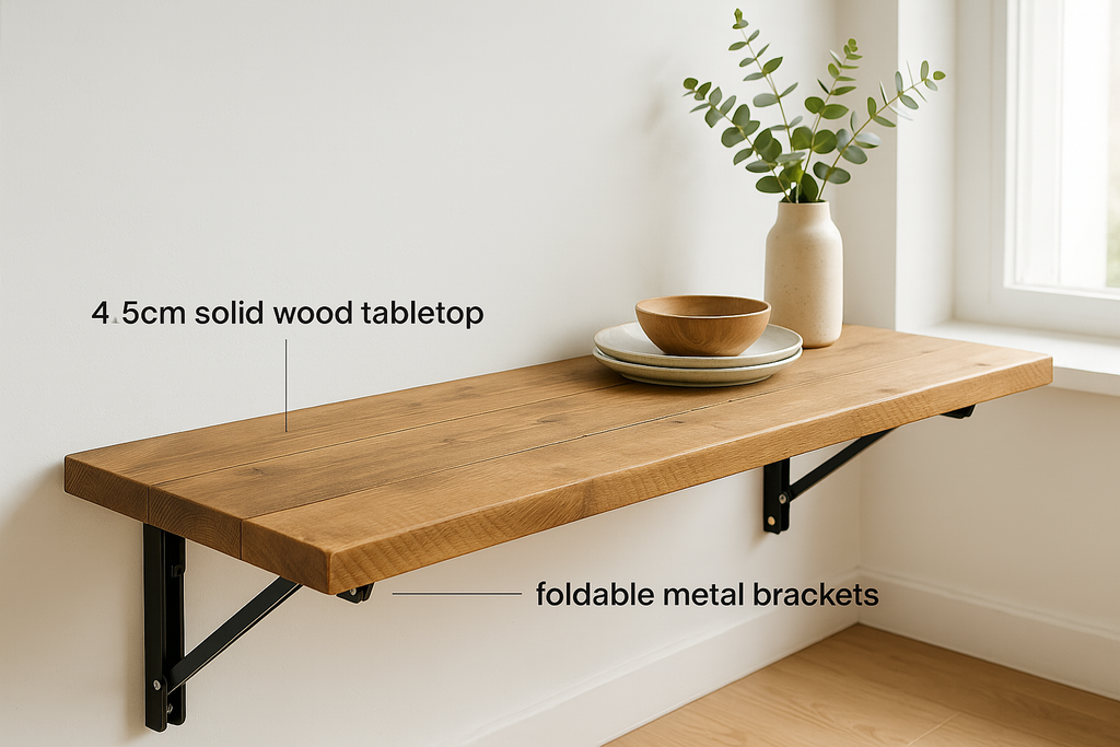 Foldable Wall-Mounted Solid Wood Table – Rustic Wood with Heavy-Duty Black Brackets – Space-Saving Desk for Kitchen, Office, or Small Spaces