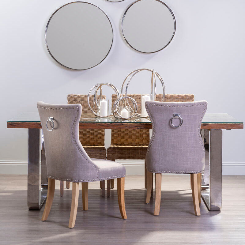 Natural Wood & Clear Glass Top Dining Table With Silver U-Shaped Metal Legs, Kerala