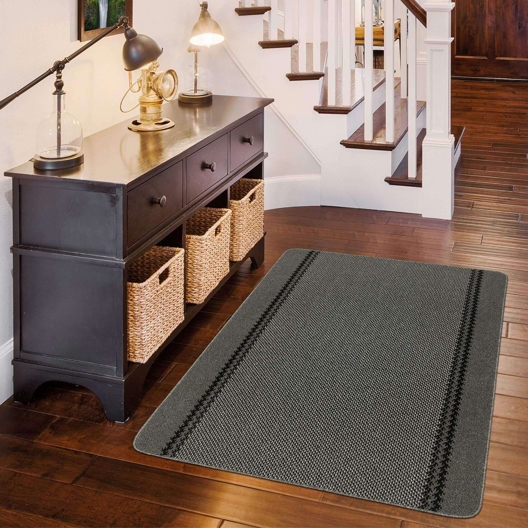 Washable Bordered Dark Grey Rug