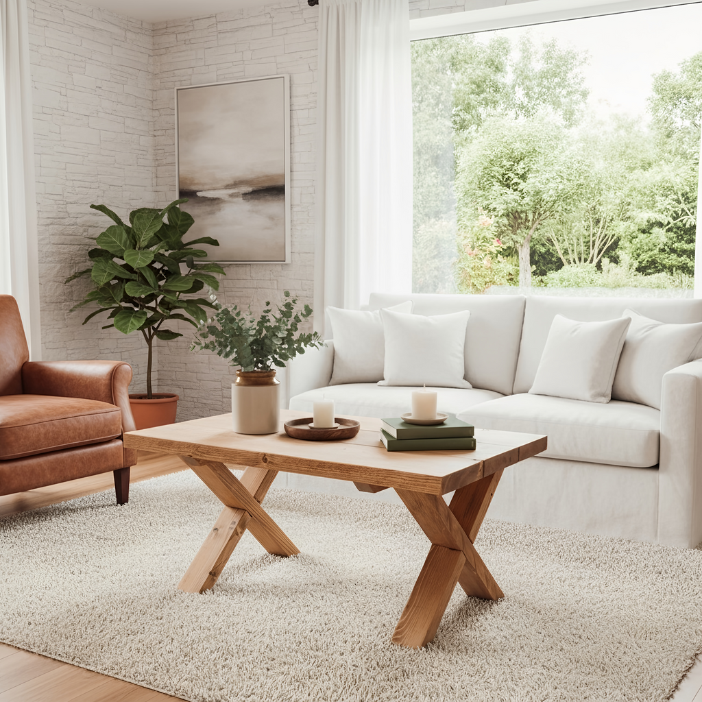 MAYA Solid Wood Cross Leg Farmhouse Coffee Table