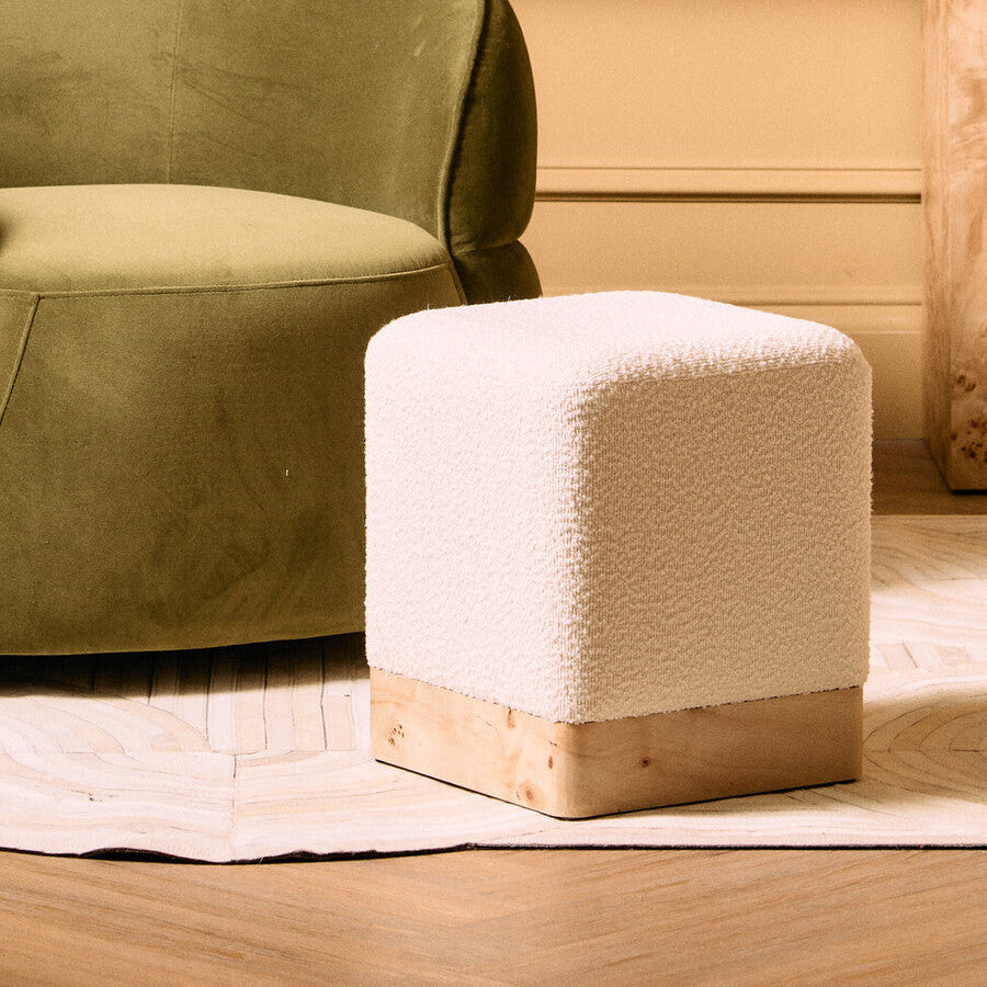 Mota Burl Wood & Cream Boucle Square Stool