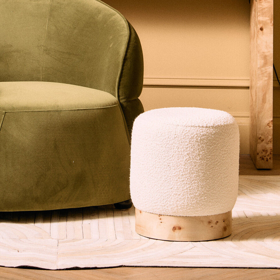 Mota Burl Wood & Cream Boucle Round Stool