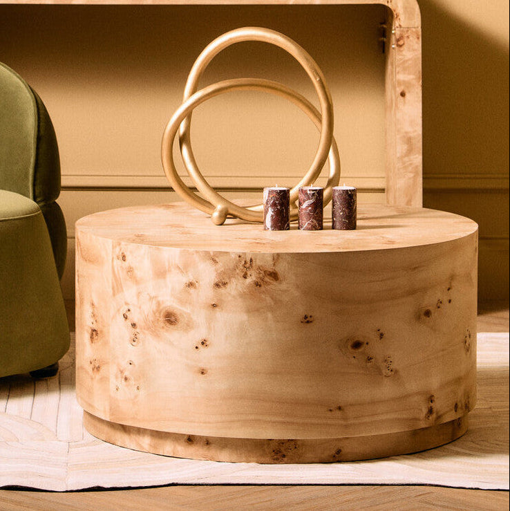 Natural Burl Wood Round Coffee Table With Drum Shape Design, Mota