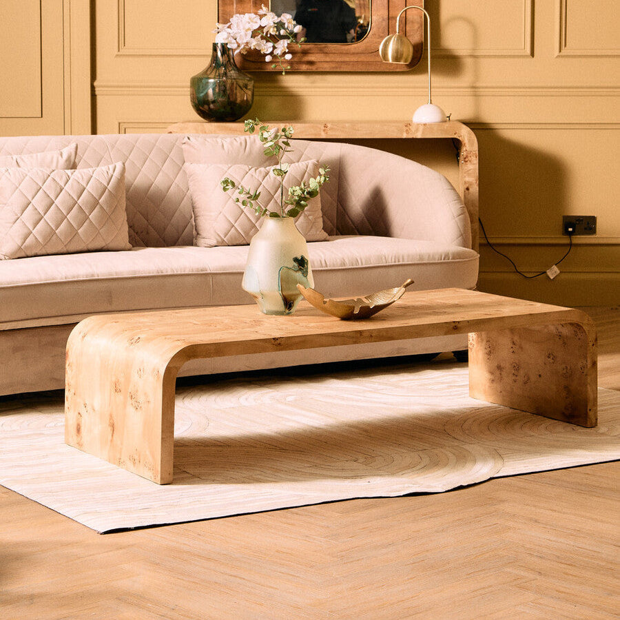 Natural Burl Wood Curved Coffee Table With Smooth Curved Edges, Mota