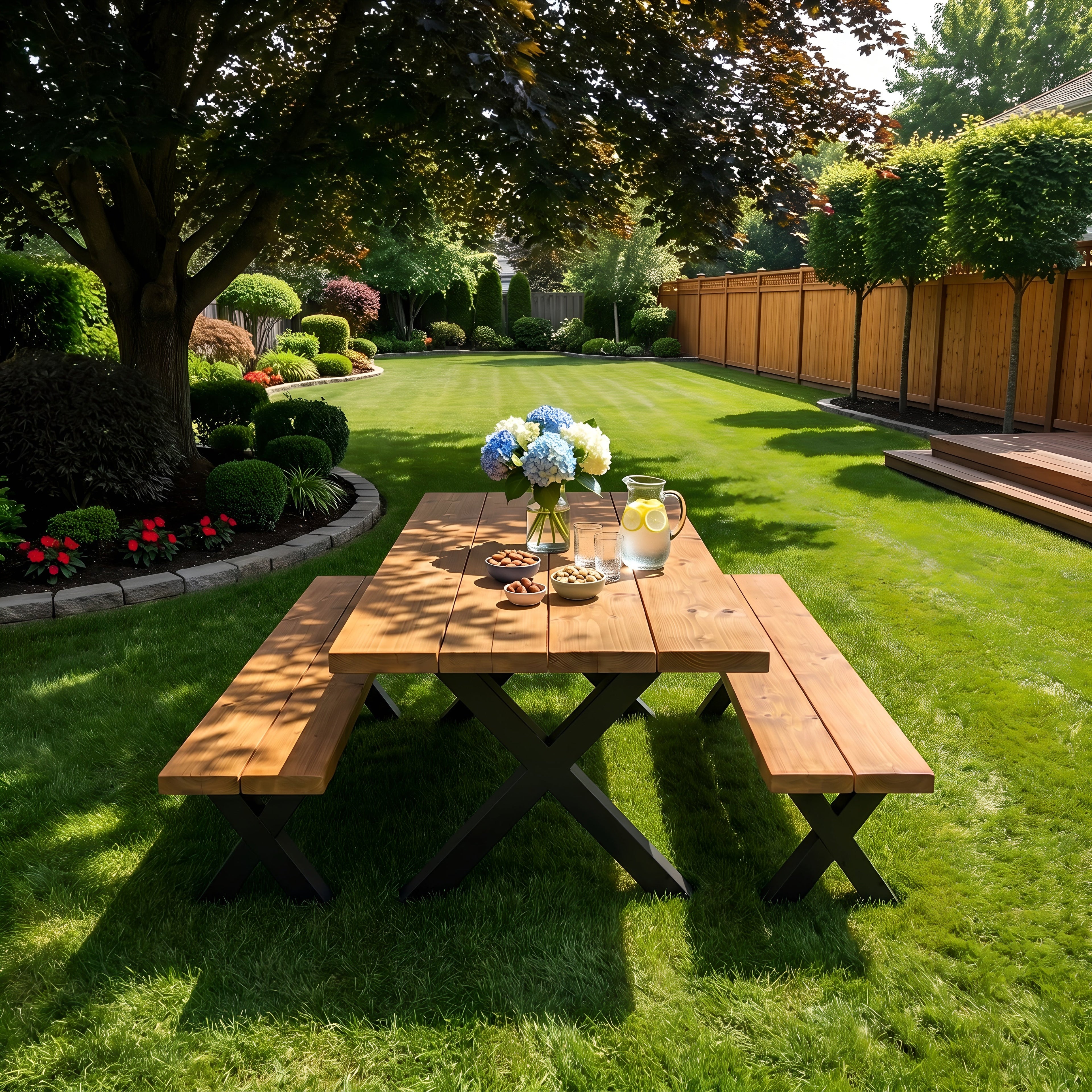 Outdoor Farmhouse Dining Table With Bench and Black Metal Cross Legs