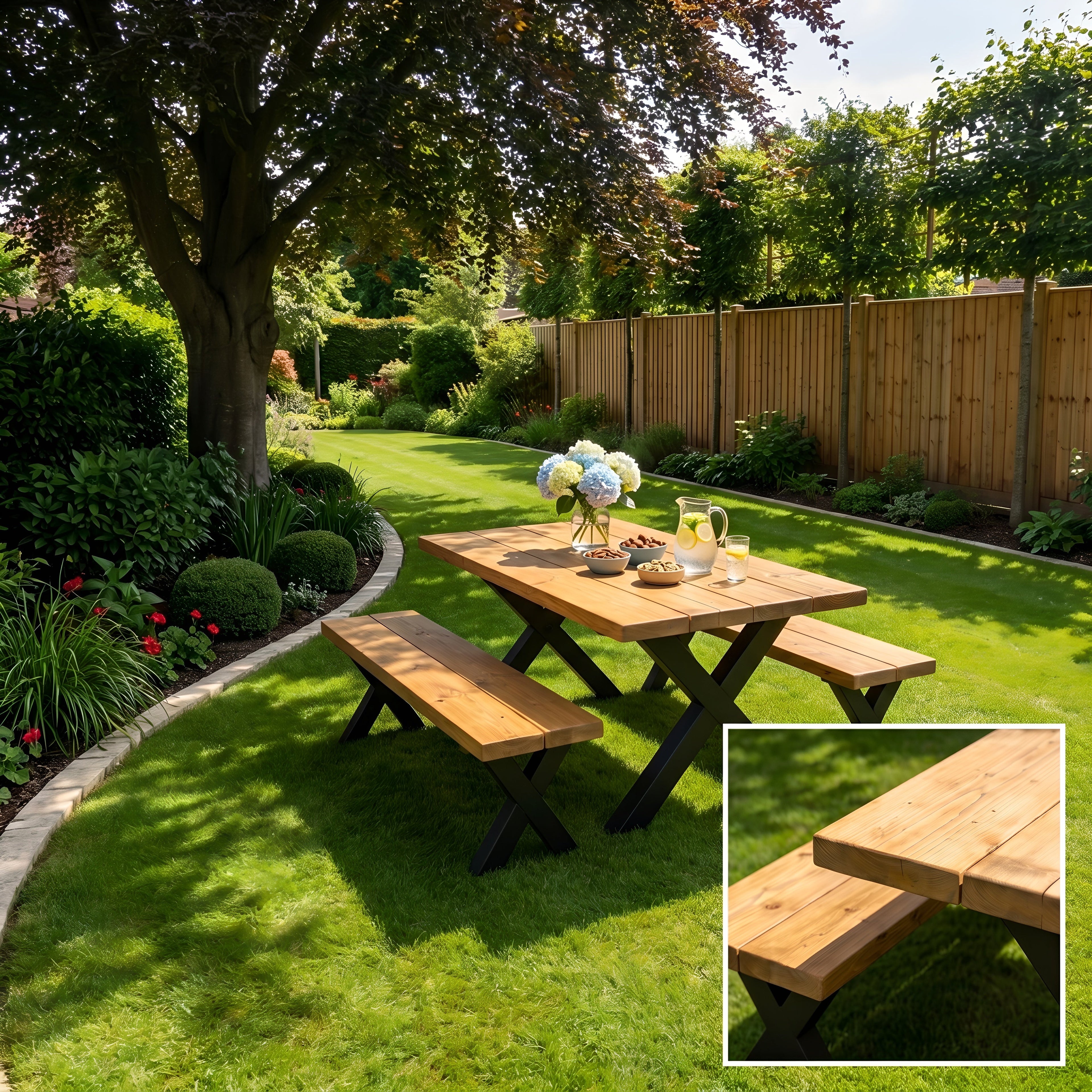 Outdoor Farmhouse Dining Table With Bench and Black Metal Cross Legs