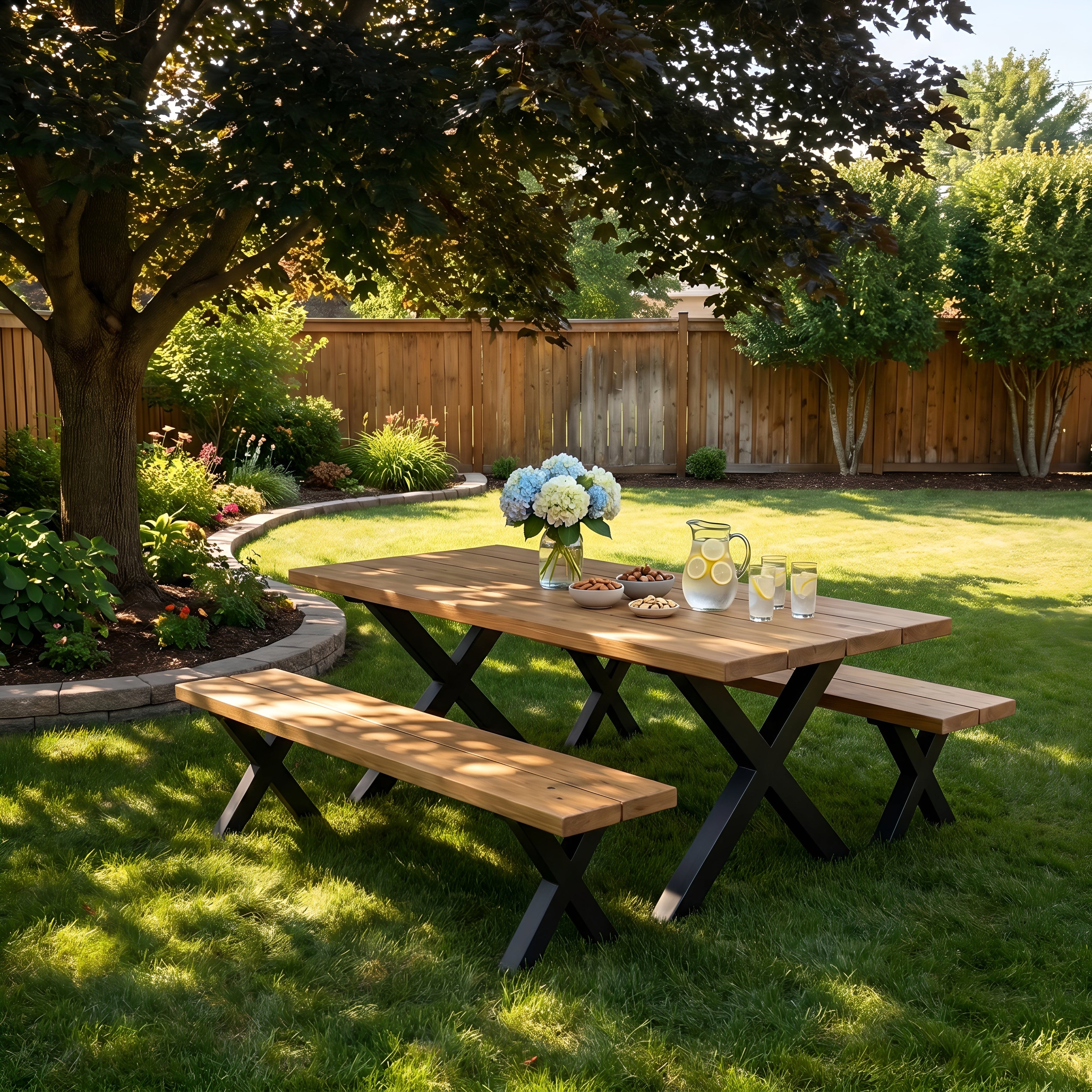 Outdoor Farmhouse Dining Table With Bench and Black Metal Cross Legs
