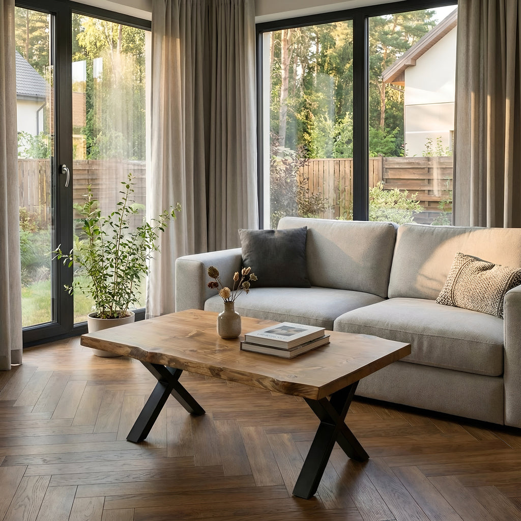 RITA Live / Waney Edge Coffee Table With Metal X Legs